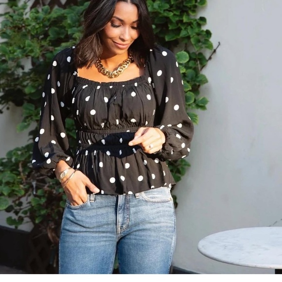 J. Crew Puff Sleeve Drapey Crepe Blouse Top Polka Dot Print Ruffle XS Black - Picture 1 of 12